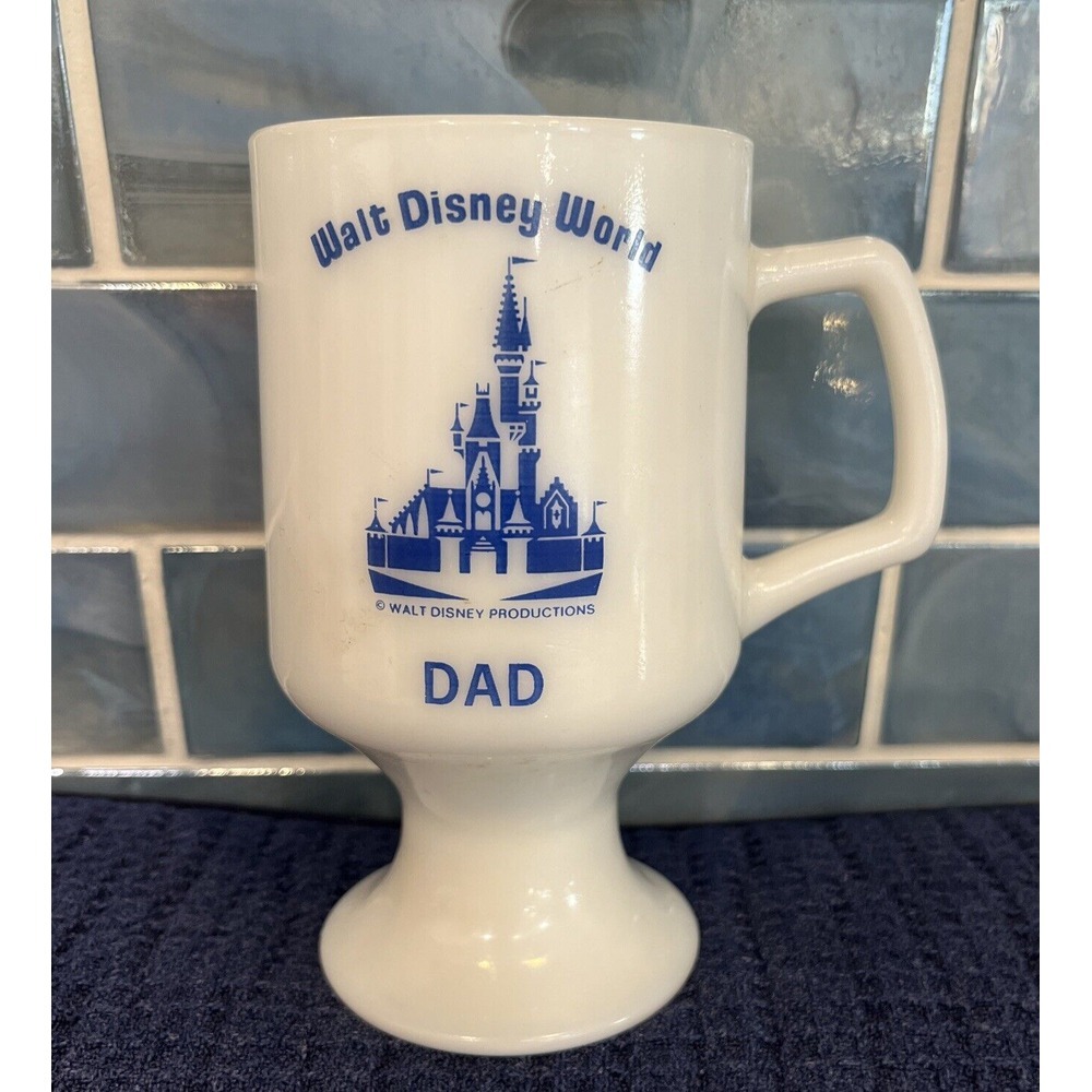Vintage Walt Disney World Castle "DAD" White Milk Glass Footed Pedestal Mug EUC!